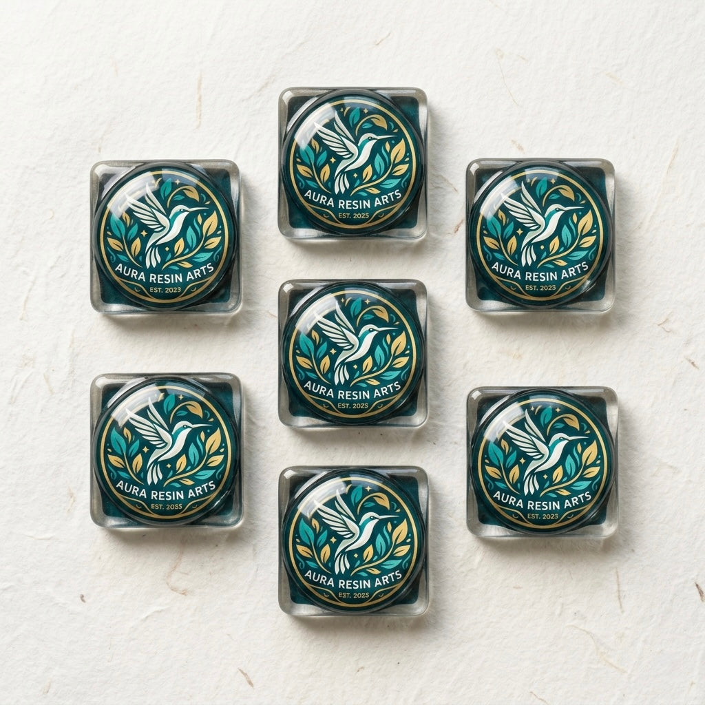 Seven square resin stickers arranged in a diamond pattern on a white textured background, each featuring the Aura Resin Arts logo — a white hummingbird in flight surrounded by teal and gold foliage inside a circular gold border, with “Aura Resin Arts Est. 2023” text on a dark teal background.