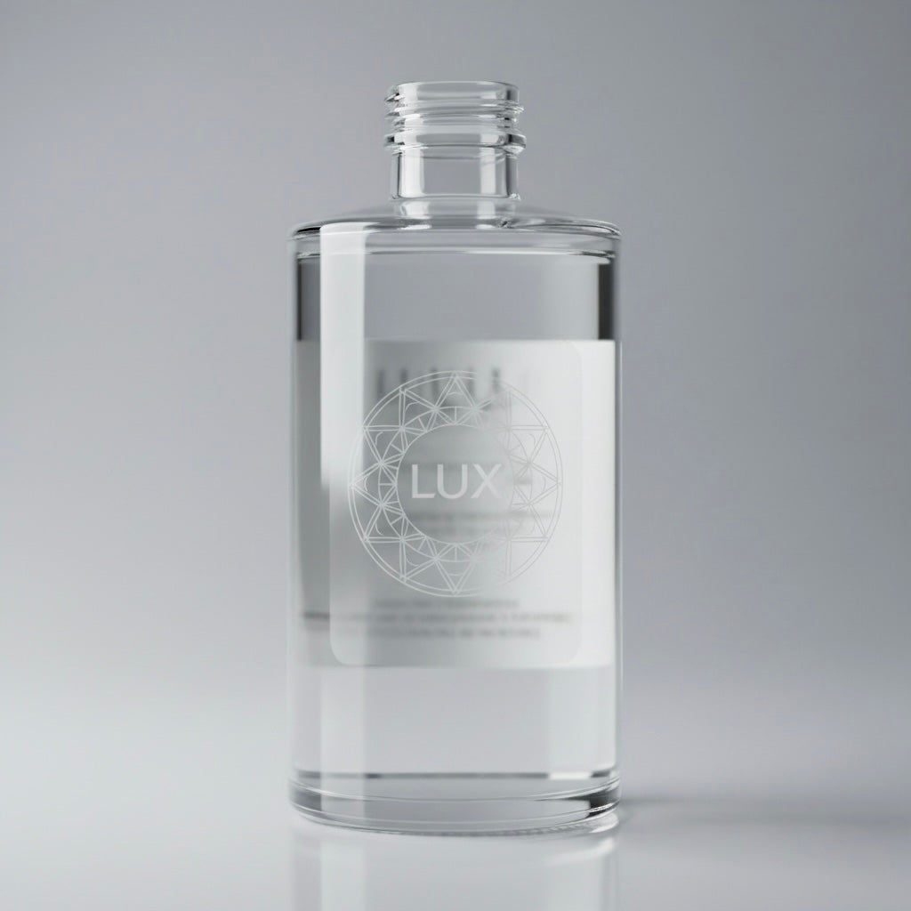 Clear transparent label on perfume glass bottle luxury packaging