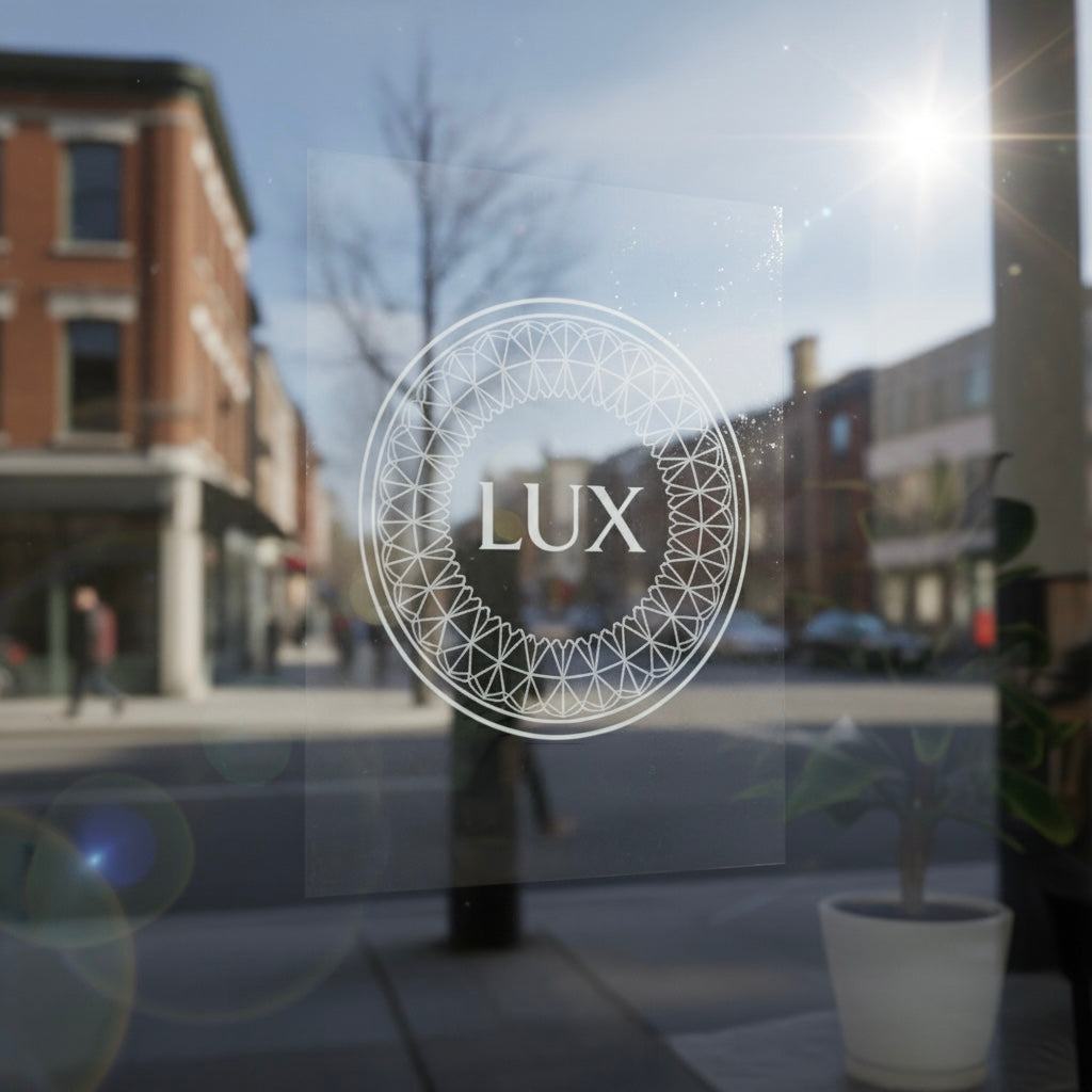 Transparent logo sticker on shop window glass